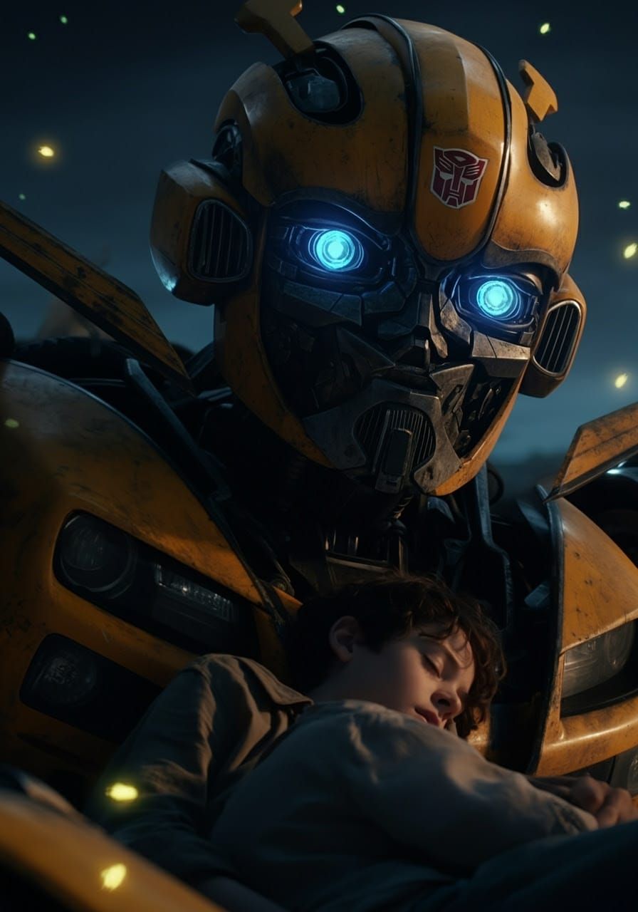 The Autobots Bumblebee from the Transformers movie franchise watching over his sleeping human friend