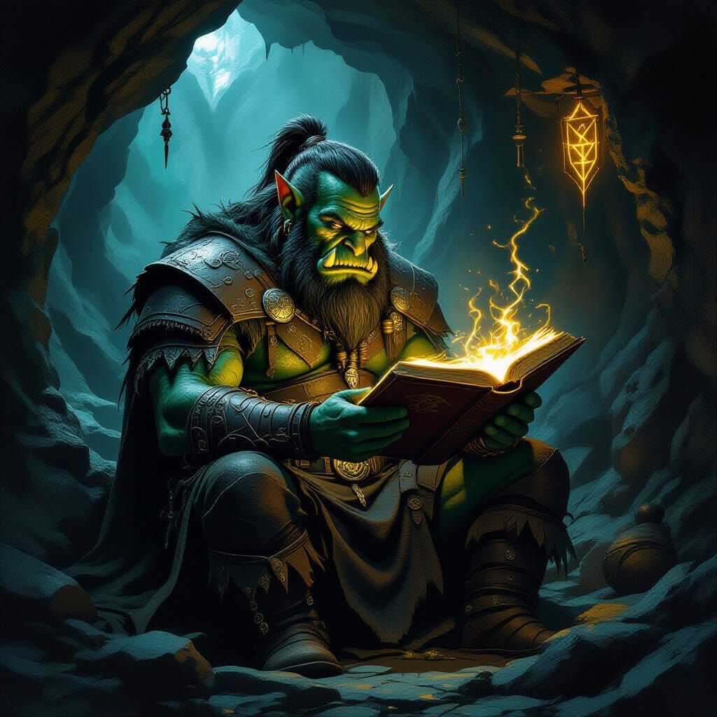 Orc Chieftain Studying Magic Tome in Cavern
