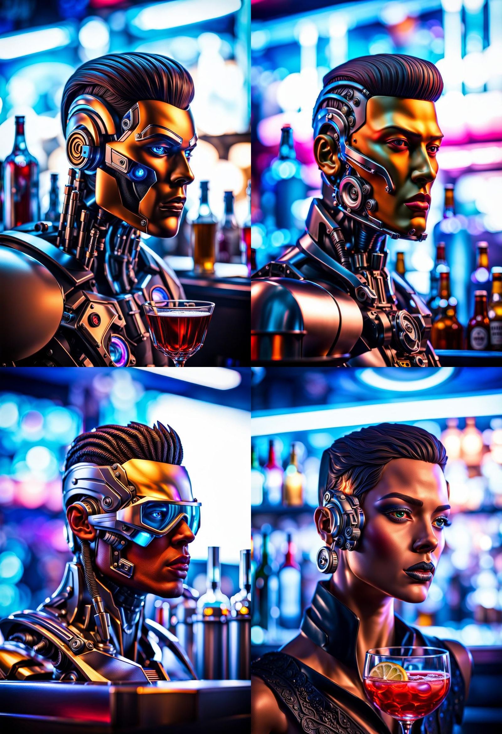 Hyperrealistic Cyborg Bartender with Dramatic Lighting