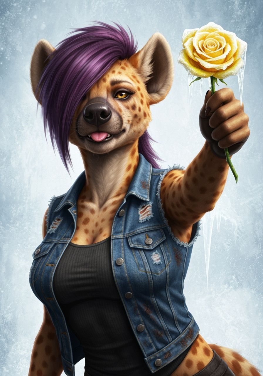 She-Hyena Offers Frozen Yellow Ice Rose in Icy Wonderland
