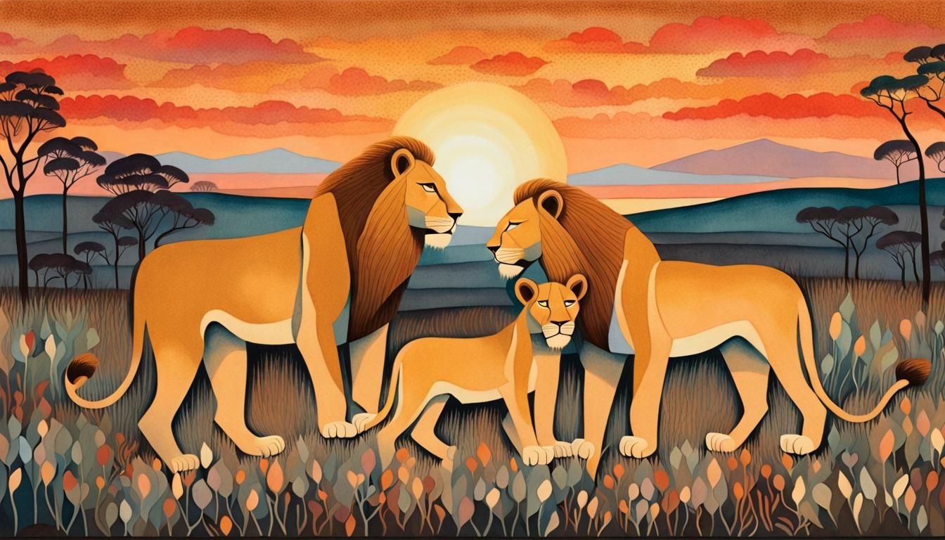 Lions on the Veldt at Sunset: Stippled Art