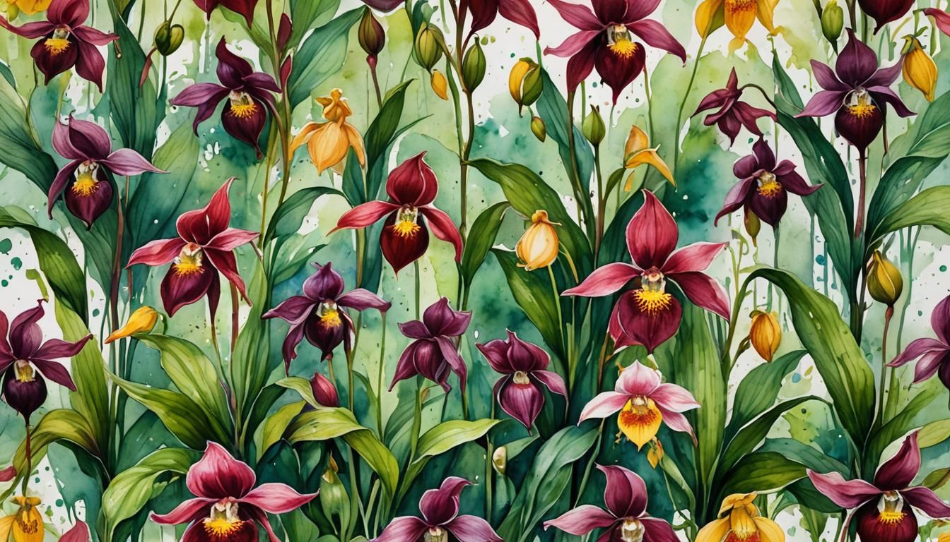 Vivid Watercolor of Cypripedium calceolus in Bloom