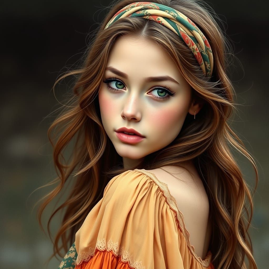 Ethereal 1960s Hippie Goddess in Photorealistic Portrait