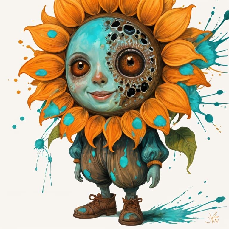 Sunflower Character with Splashed Paint Face