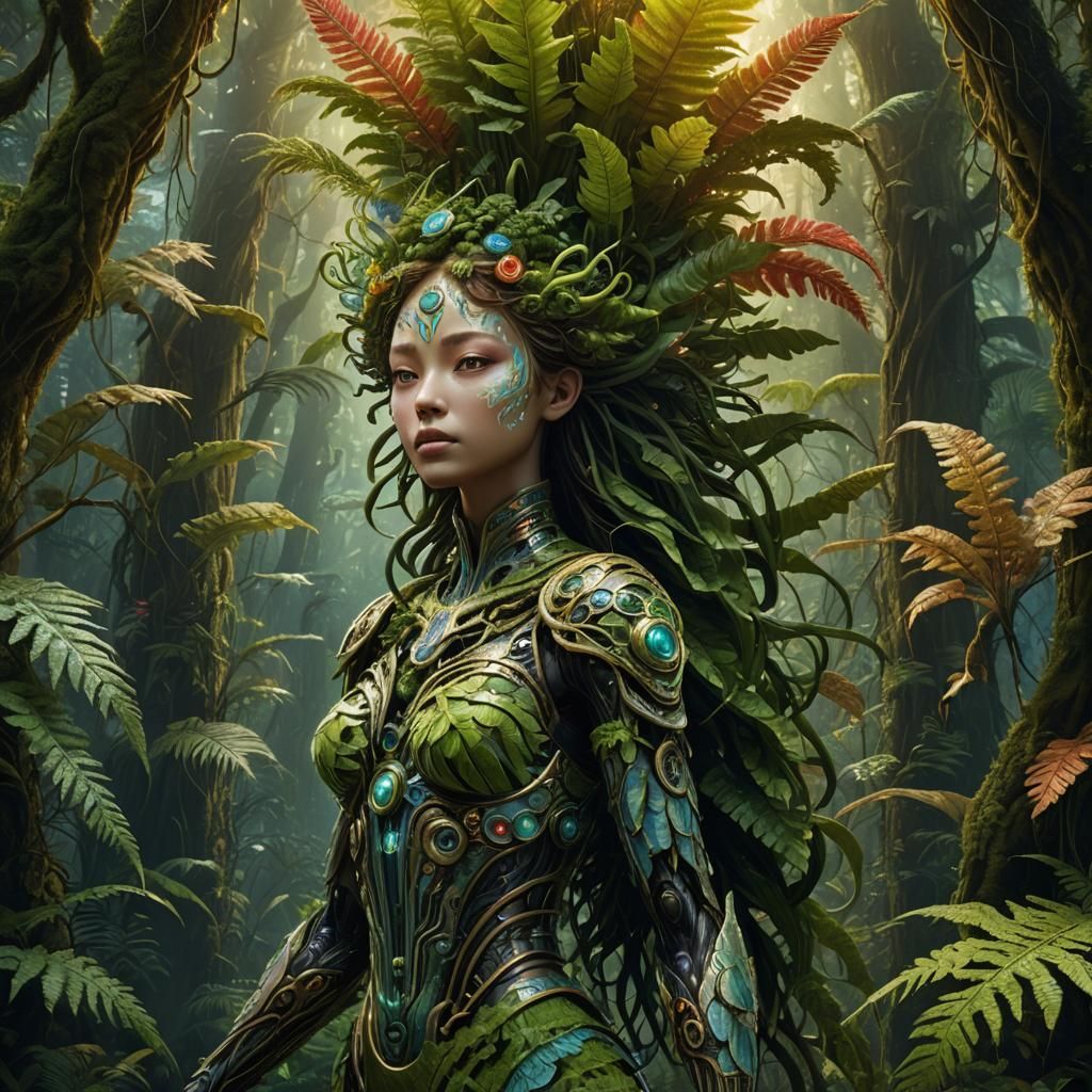 Angel Merging with Biomechanical Flora in Concept Art Style