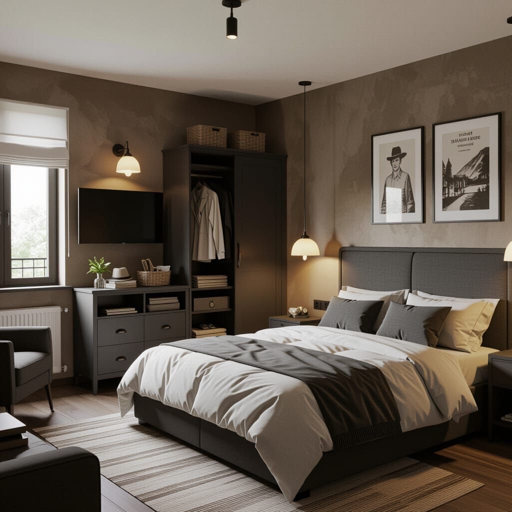 Cozy Country Bedroom Painting with Built-in Wardrobe