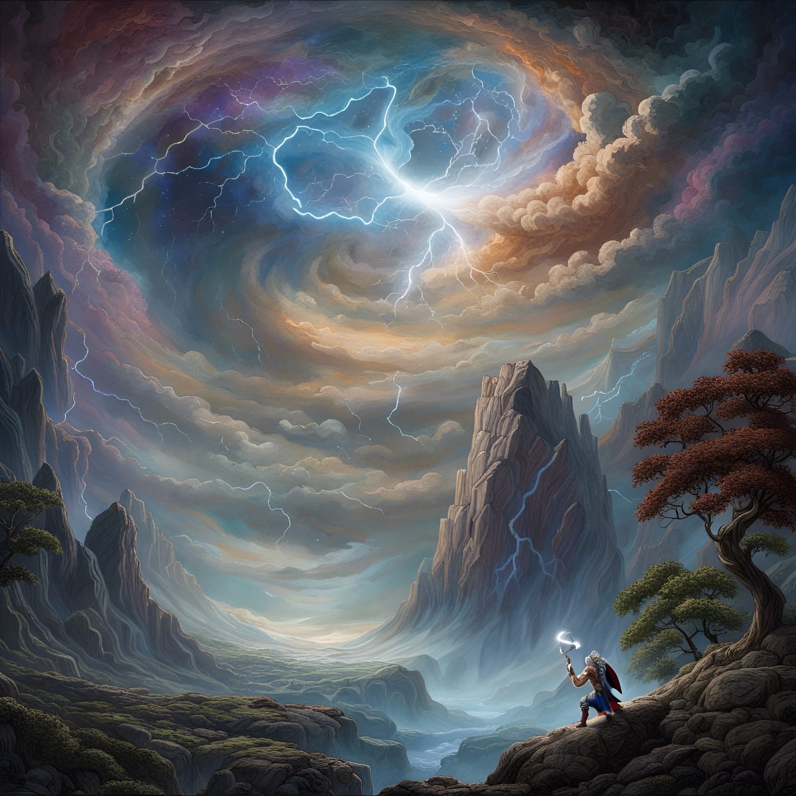 Thor Emerges from Void in Hyperrealistic Fantasy Landscape