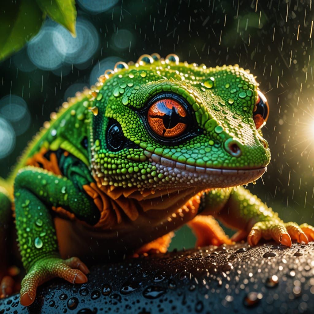 Neon Gecko with Raindrops in Hyperrealistic Digital Art