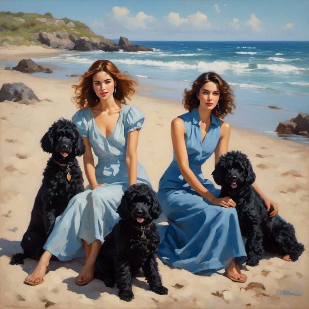 Woman with Poodles on Beach in Realistic Portrait Style