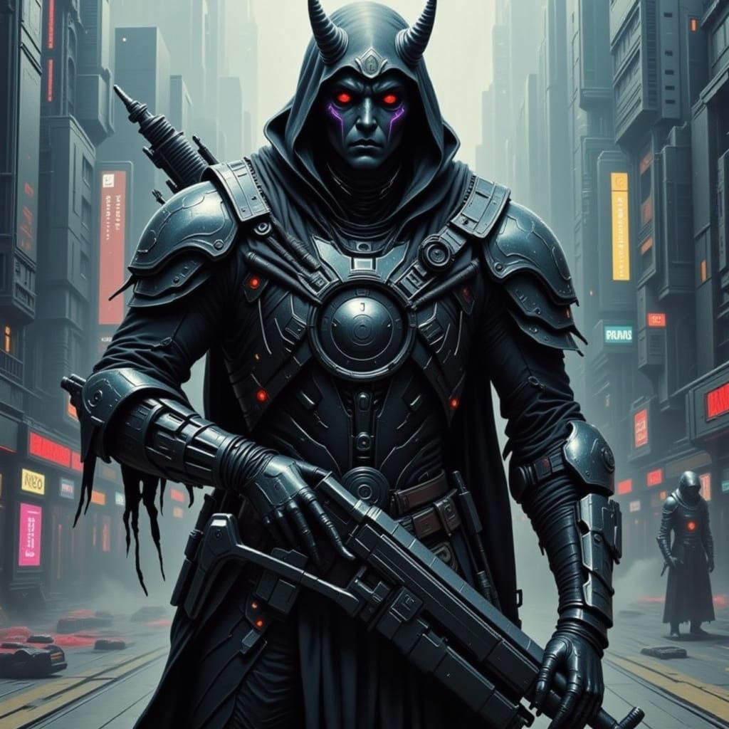 Sci-Fi Demon Mercenary in Cyberpunk Cityscape
