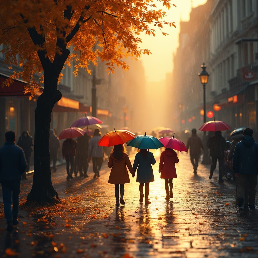 Children With Colorful Umbrellas On Wet City Street