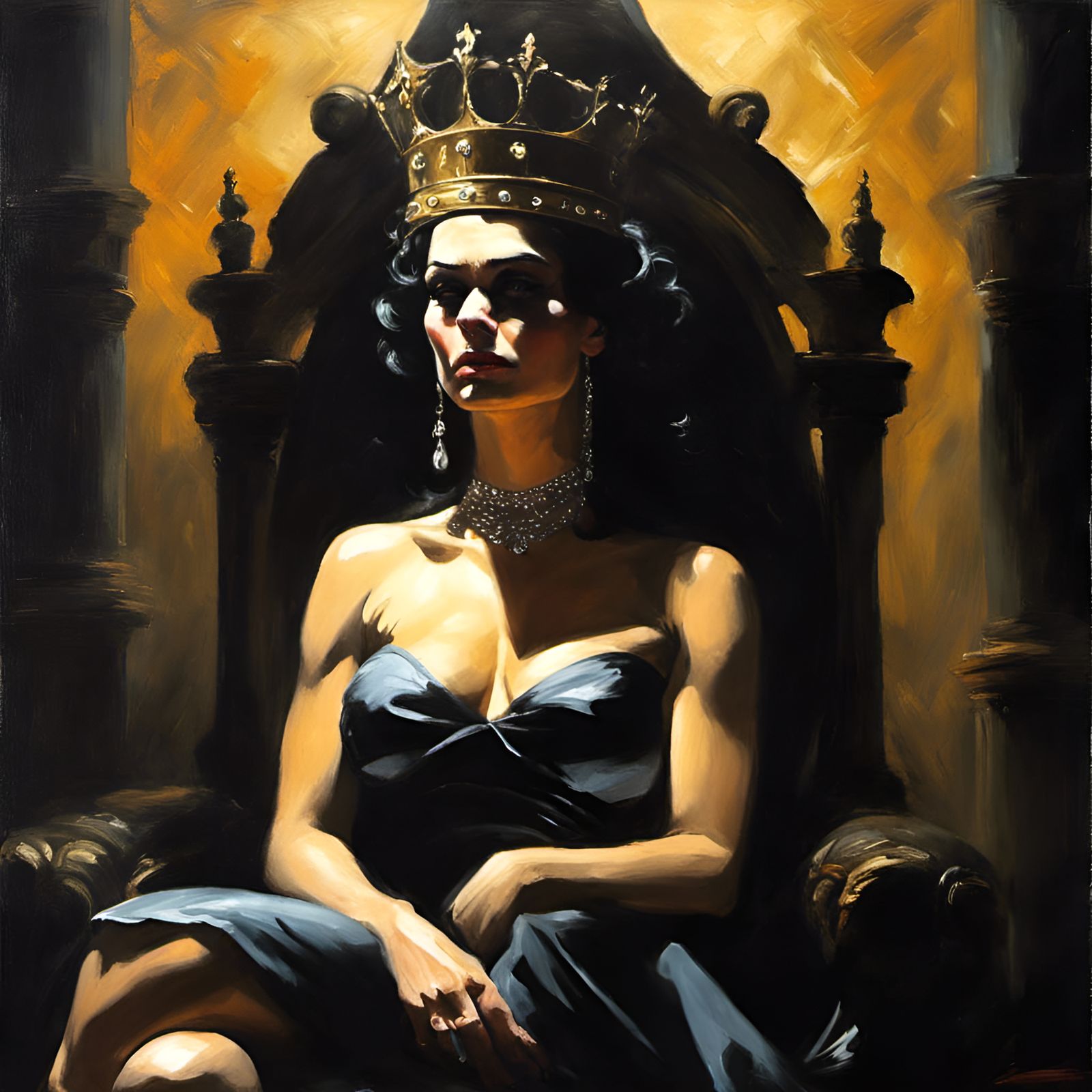 Solemn Queen in Dark Room: Oil Painting