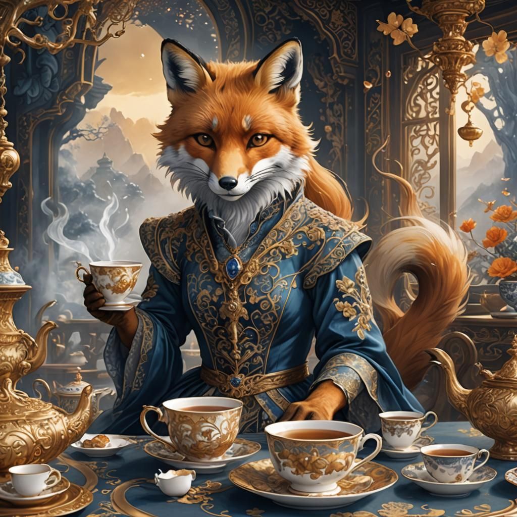 Fox in Ornate Dress Drinking Tea, Digital Painting