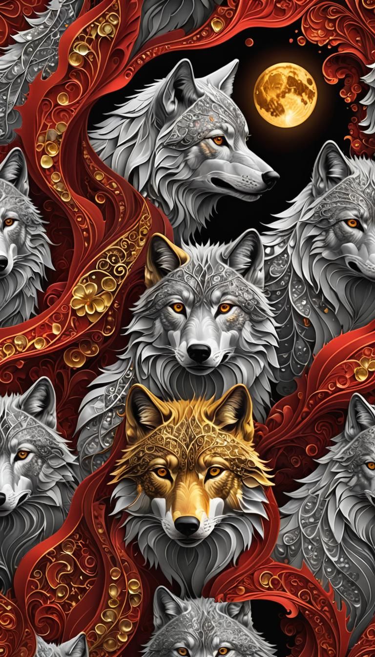 Wolf at Full Moon in Abstract Fractal Art