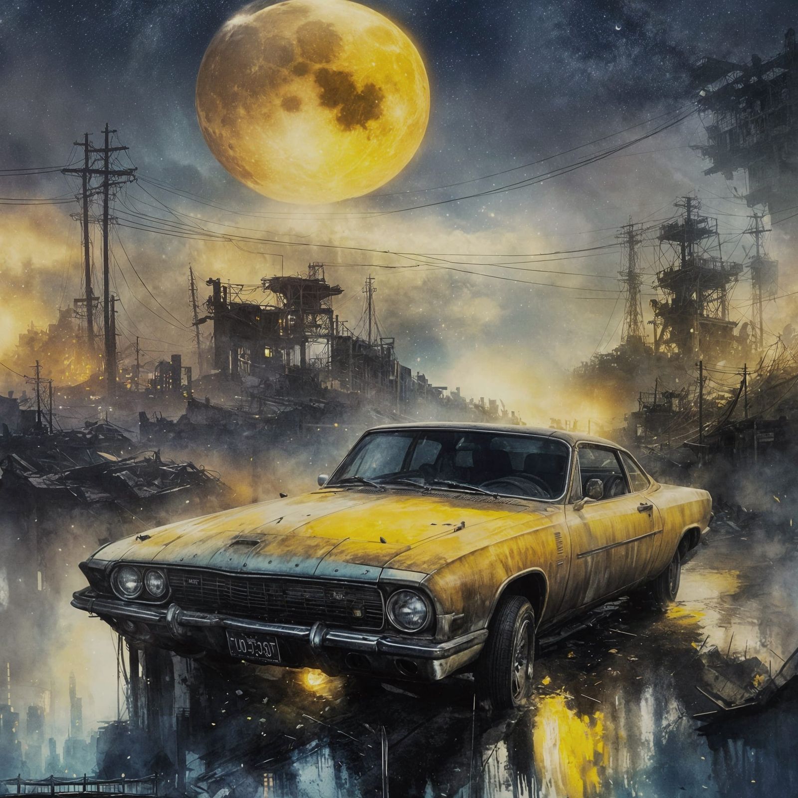 Abandoned Car in Moonlit Cityscape in Impressionist Style
