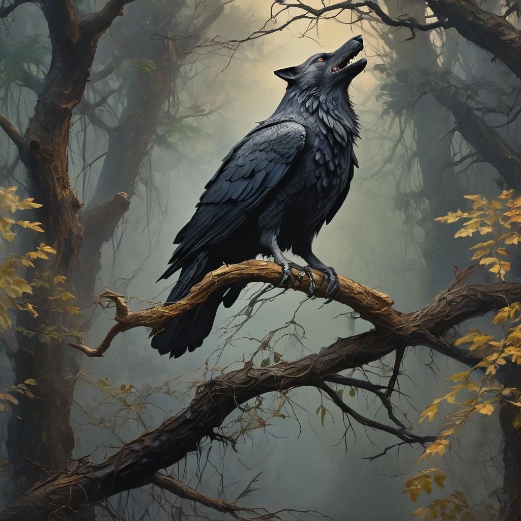 Wolf-Raven Hybrid in Eerie Forest, Impasto Oil Painting