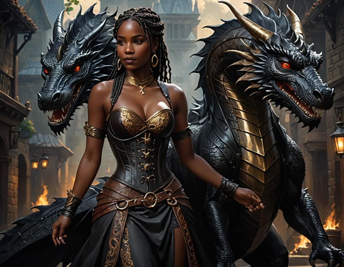 Woman and Dragon in Dramatic Cinematic Lighting