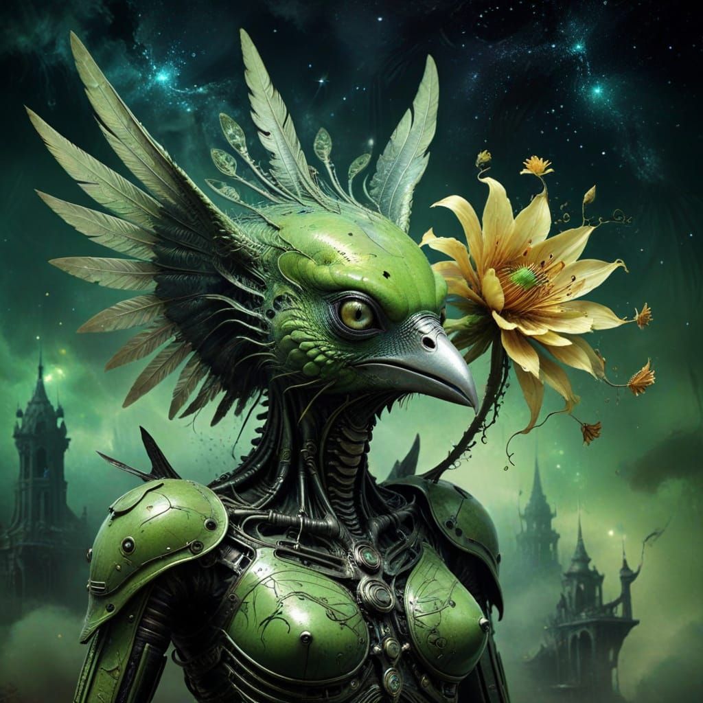Biomechanical Bird and Alien Flower, a Surrealist Digital Pa...