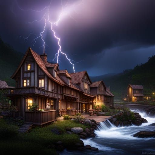 Dramatic Storm Over Village: Dark Fantasy Concept Art