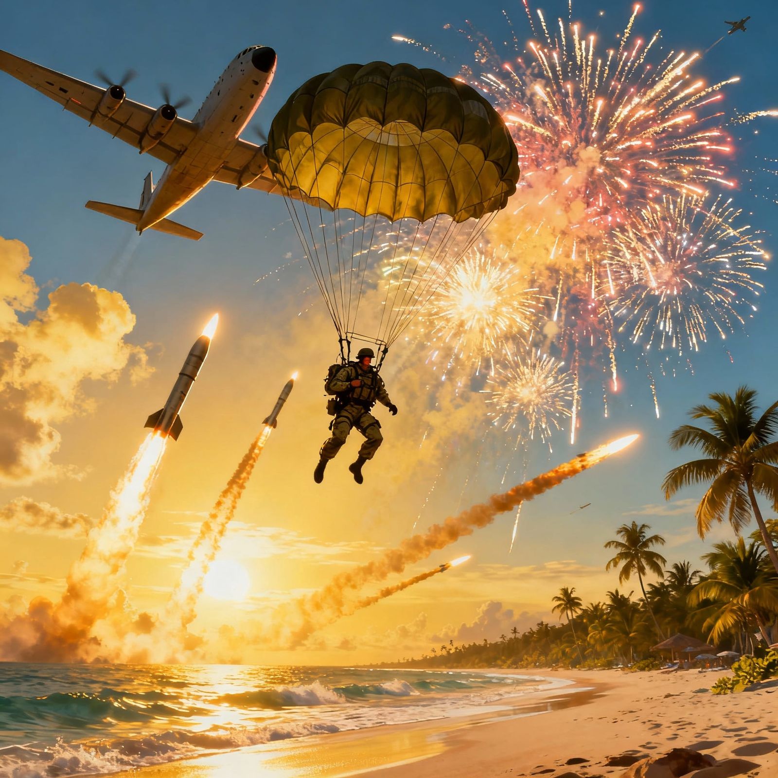 Soldiers Parachute to Beach Under Fireworks
