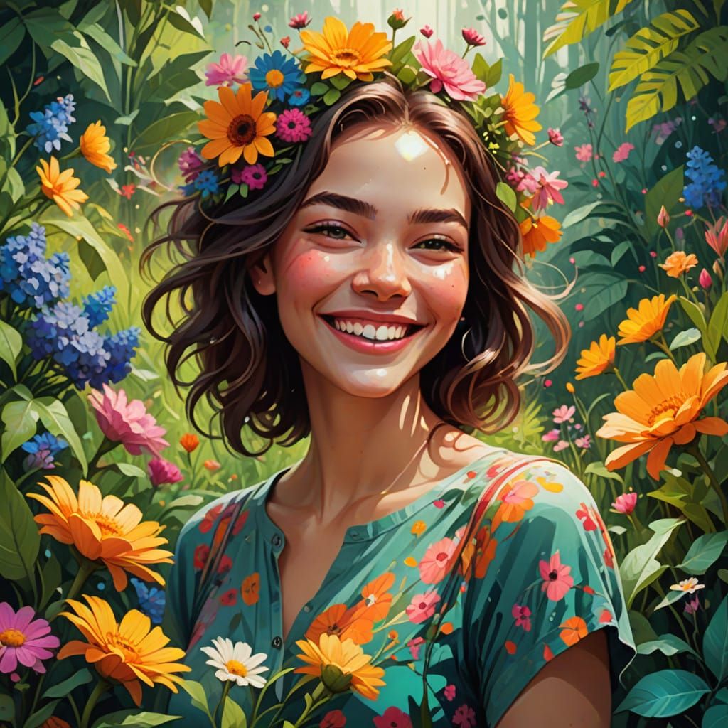 Whimsical Joy in Vibrant Floral Landscape