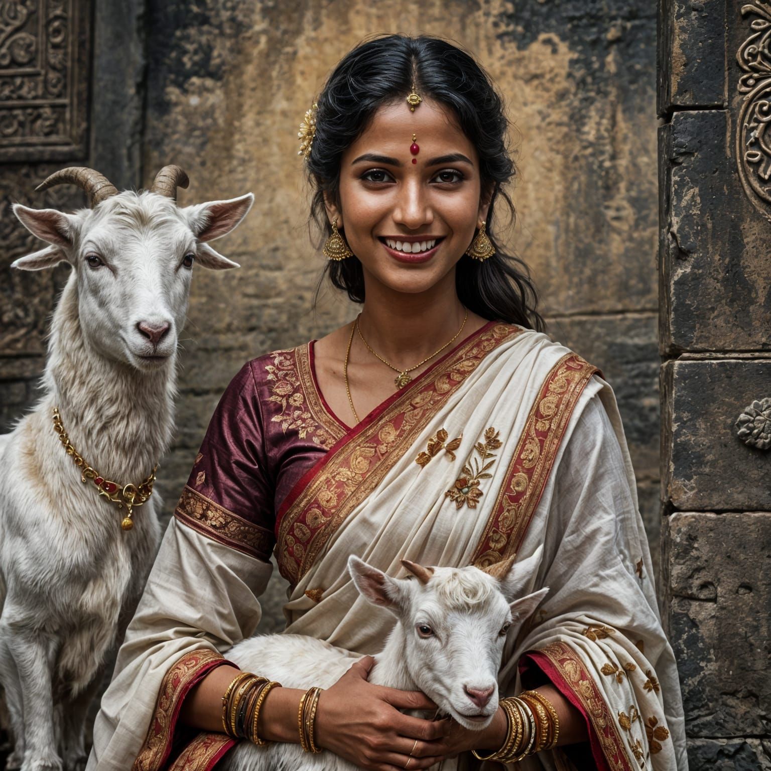 Serene Indian Woman with Goat in Hyperrealistic Style