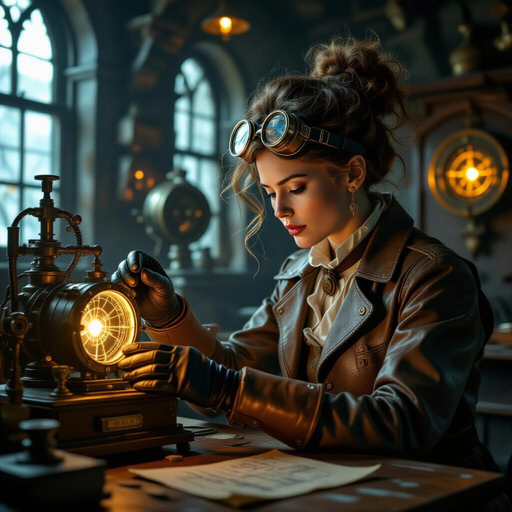 Victorian Scientist Calibrating Time Device, Hyper-Realistic...