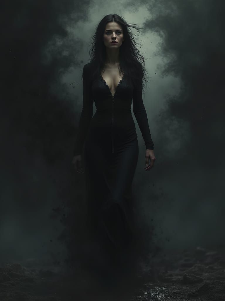 Mysterious Woman Emerges from Dark Swirls