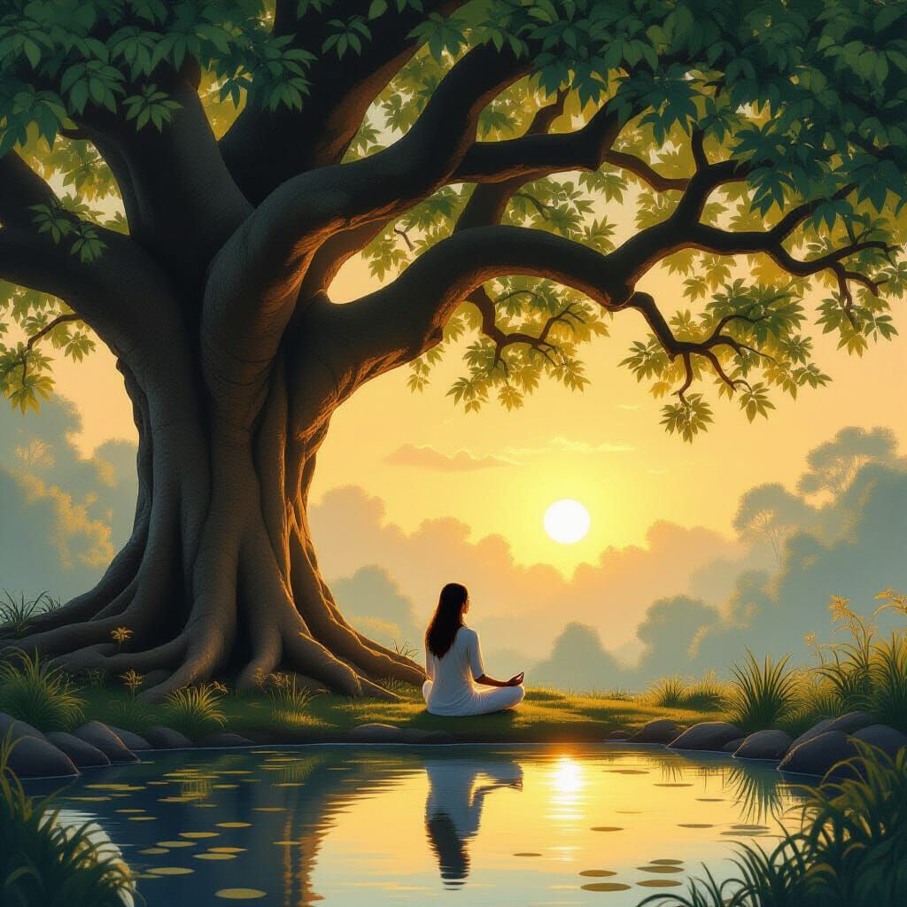 Woman Meditating in Golden Hour Light Under Banyan Tree