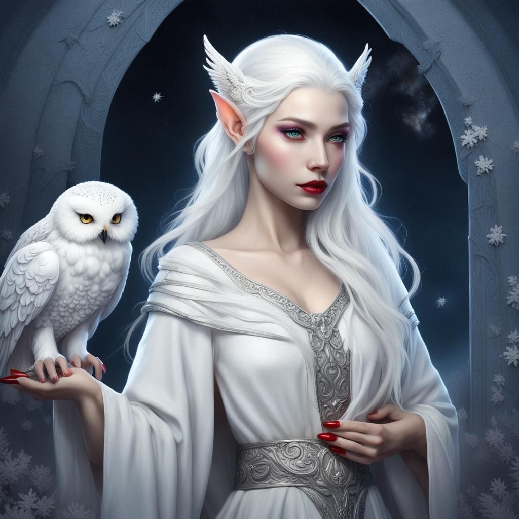 Ethereal Elf Woman with Snowy Owl in Fantasy Art