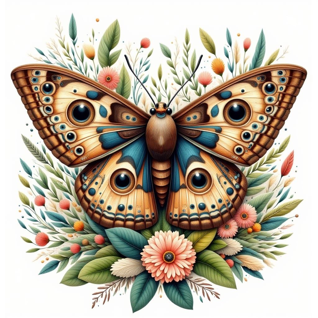 Botanical Illustration of a Privet Hawk Moth