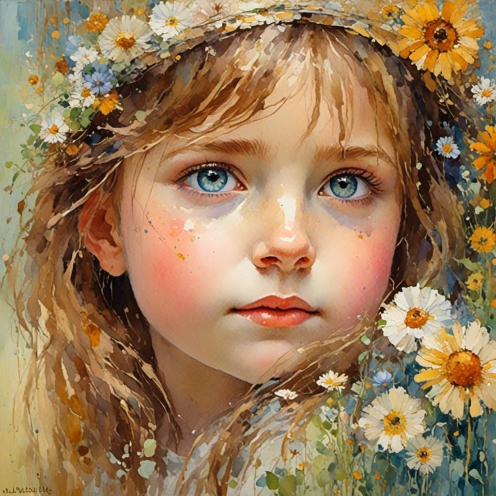 Cute Girl with Large Eyes in Expressionist Oil Painting