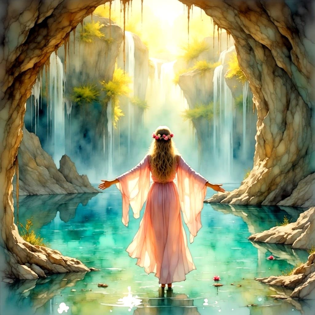 Ethereal Goddess in Soft Pastels, Crystal Cavern and Waterfa...