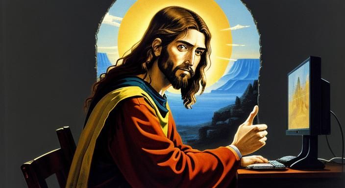 side portrait of Jesus using computer, looks toward gives thumbs up with stigmata, looking for online followers