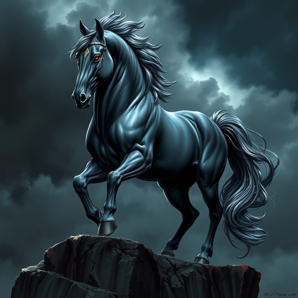 Majestic Warhorse on Cliff Under Stormy Sky