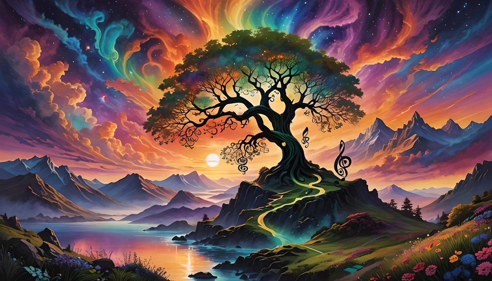 Surreal Dreamscape with Celtic Tree and Aurora