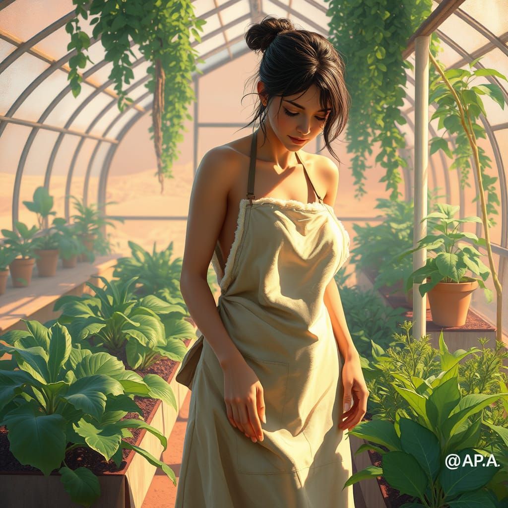 Gardener Tends Lush Martian Greenhouse in Ethereal Style