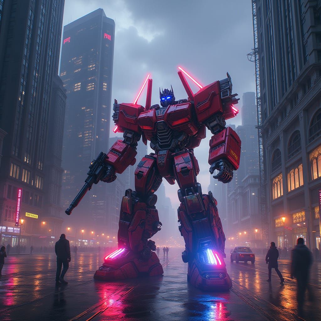 Cyberpunk Transformers Cityscape at Dusk