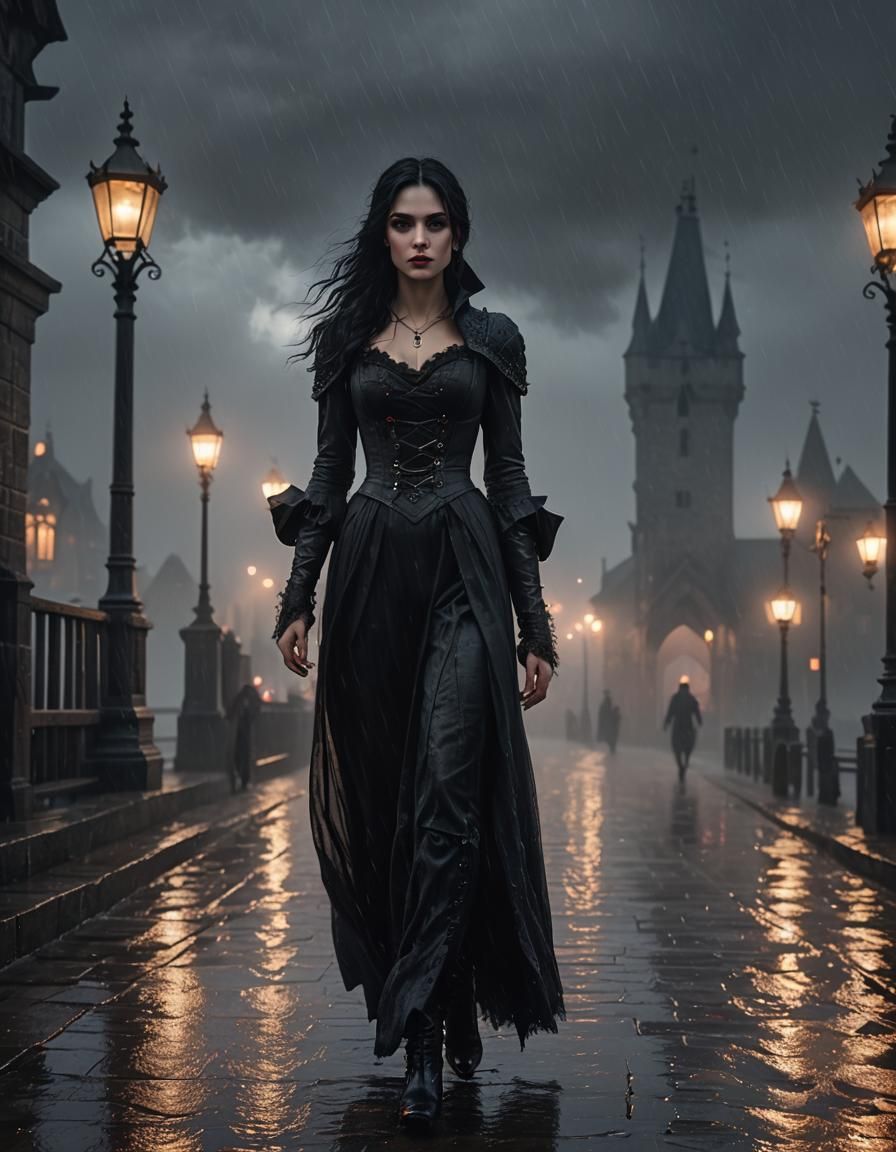 Gothic Vampire on Pier: Hyperrealistic Digital Art