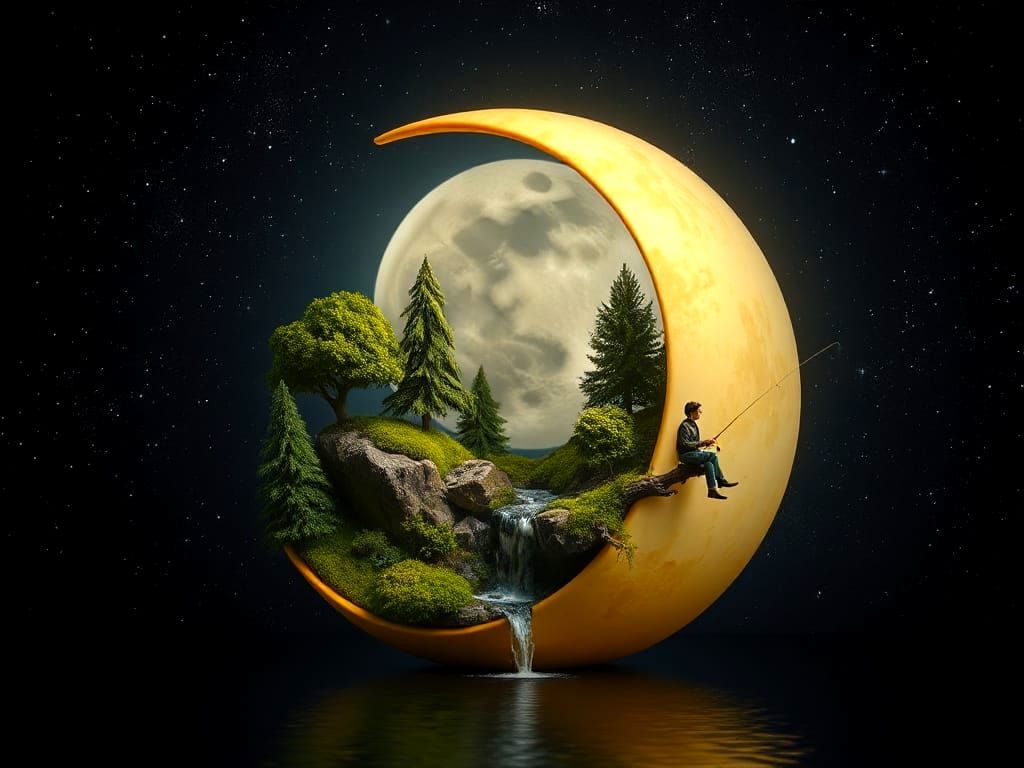 Giant Luminous Moon with Miniature Landscape and Lone Angler