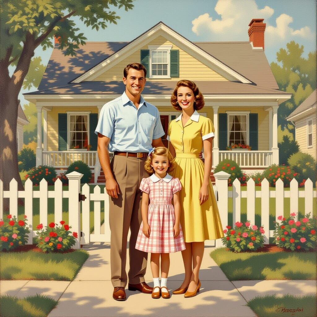 1950s Suburban Family Portrait Oil Painting