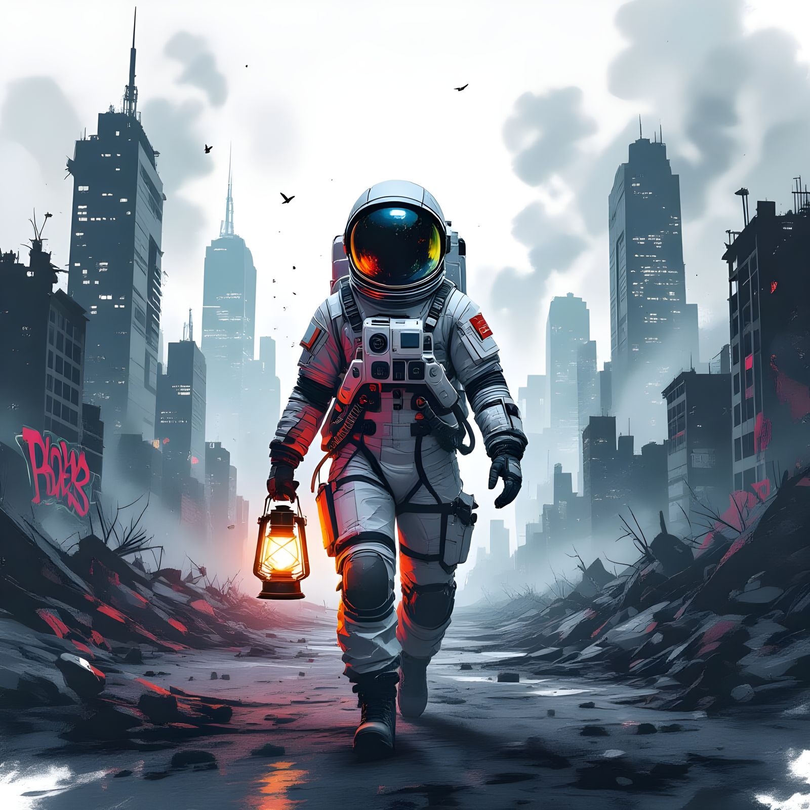 Astronaut Survivor in Post-Apocalyptic Cityscape