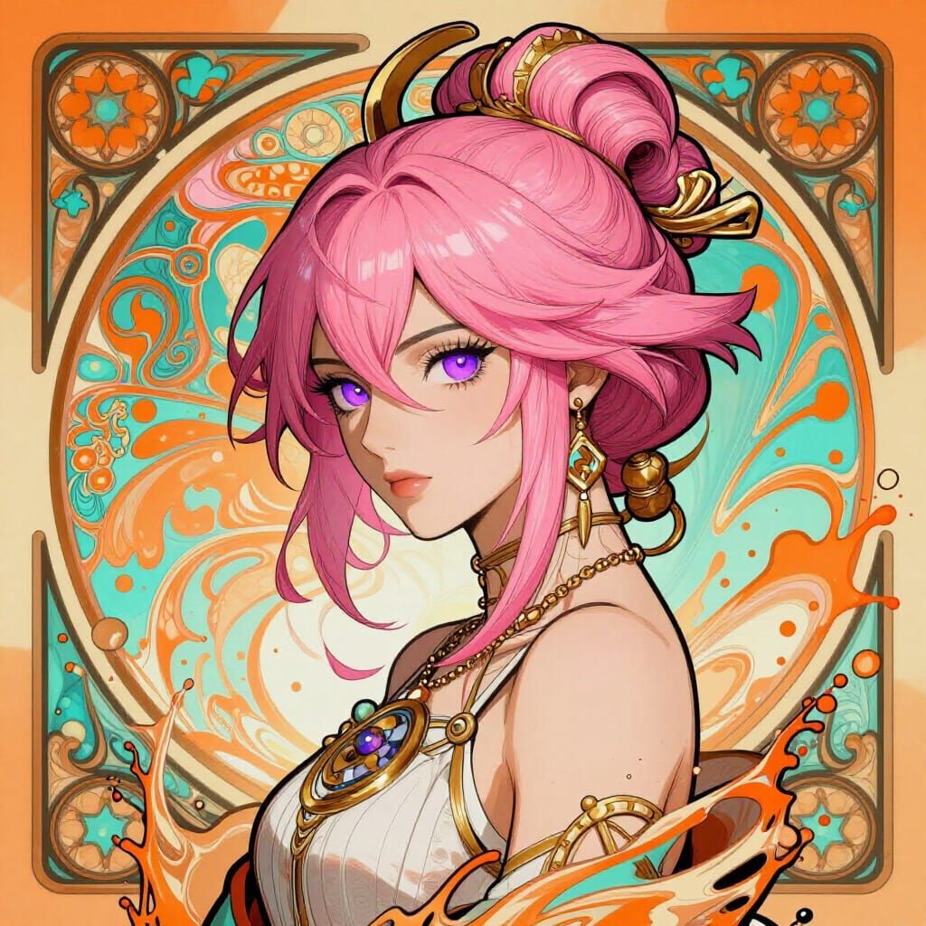 Pink Haired Woman's Fancy Bun in Alcohol Ink Style