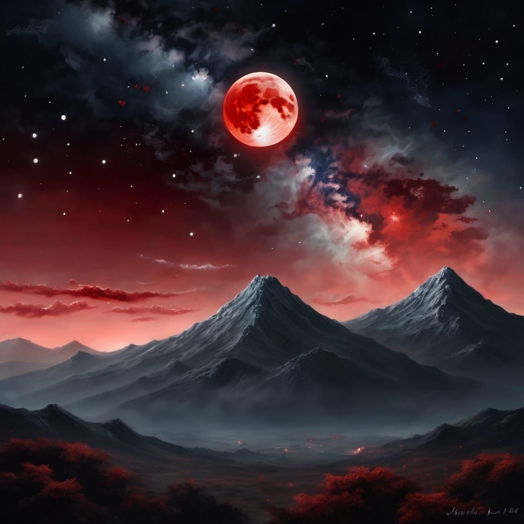 Blood Moon Under Starry Night Sky in Oil Paint Style