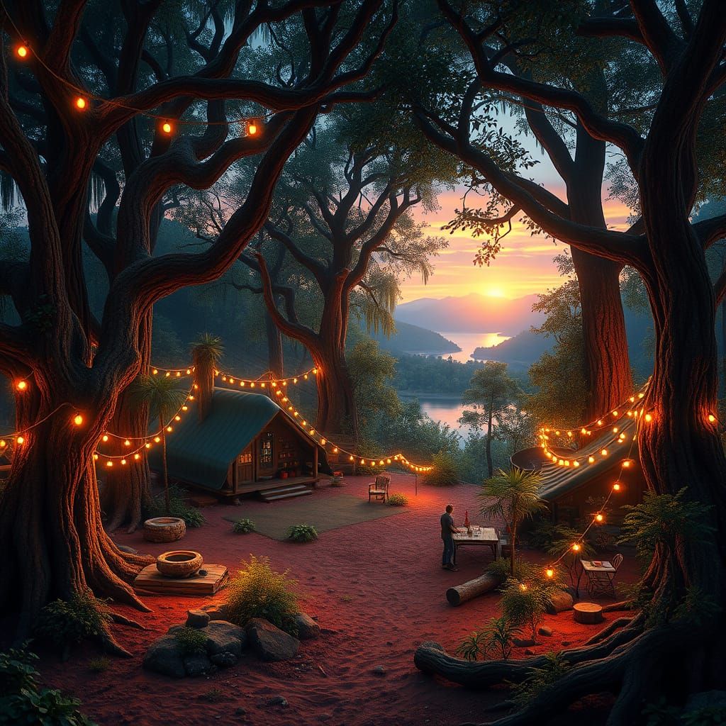 Whimsical Forest Commune at Sunset