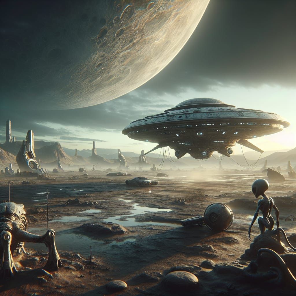 UFO and Aliens in Arid Desert Landscape