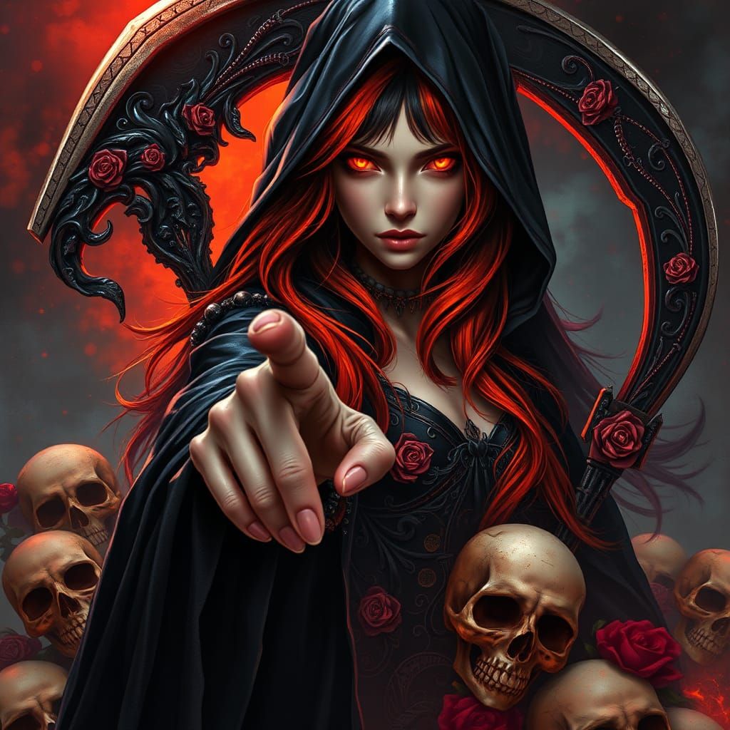 Striking Female Reaper in Dark Fantasy Oil Painting