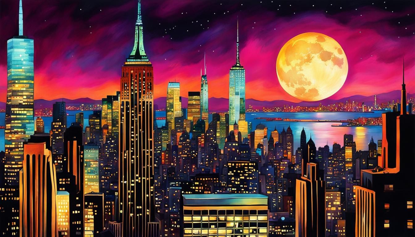 Cat Climber Over Moonlight Manhattan: Digital Illustration
