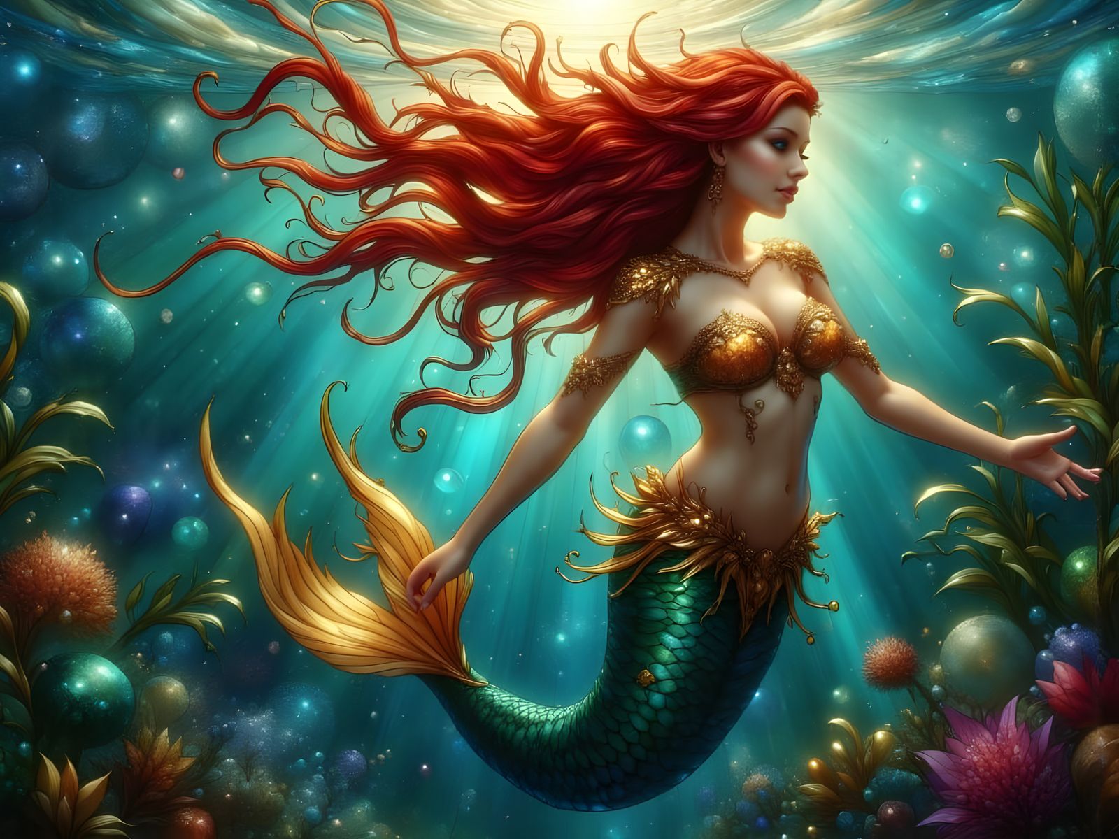 Vibrant Mermaid Dives in Deep Blue Waters
