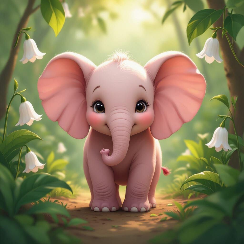 Delightful Pink Elephant in Whimsical Forest Setting